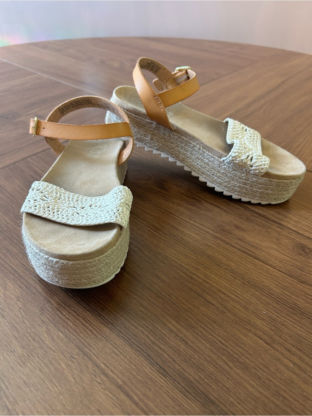 art class Cream Woven Platform Sandals with Tan Ankle Straps
